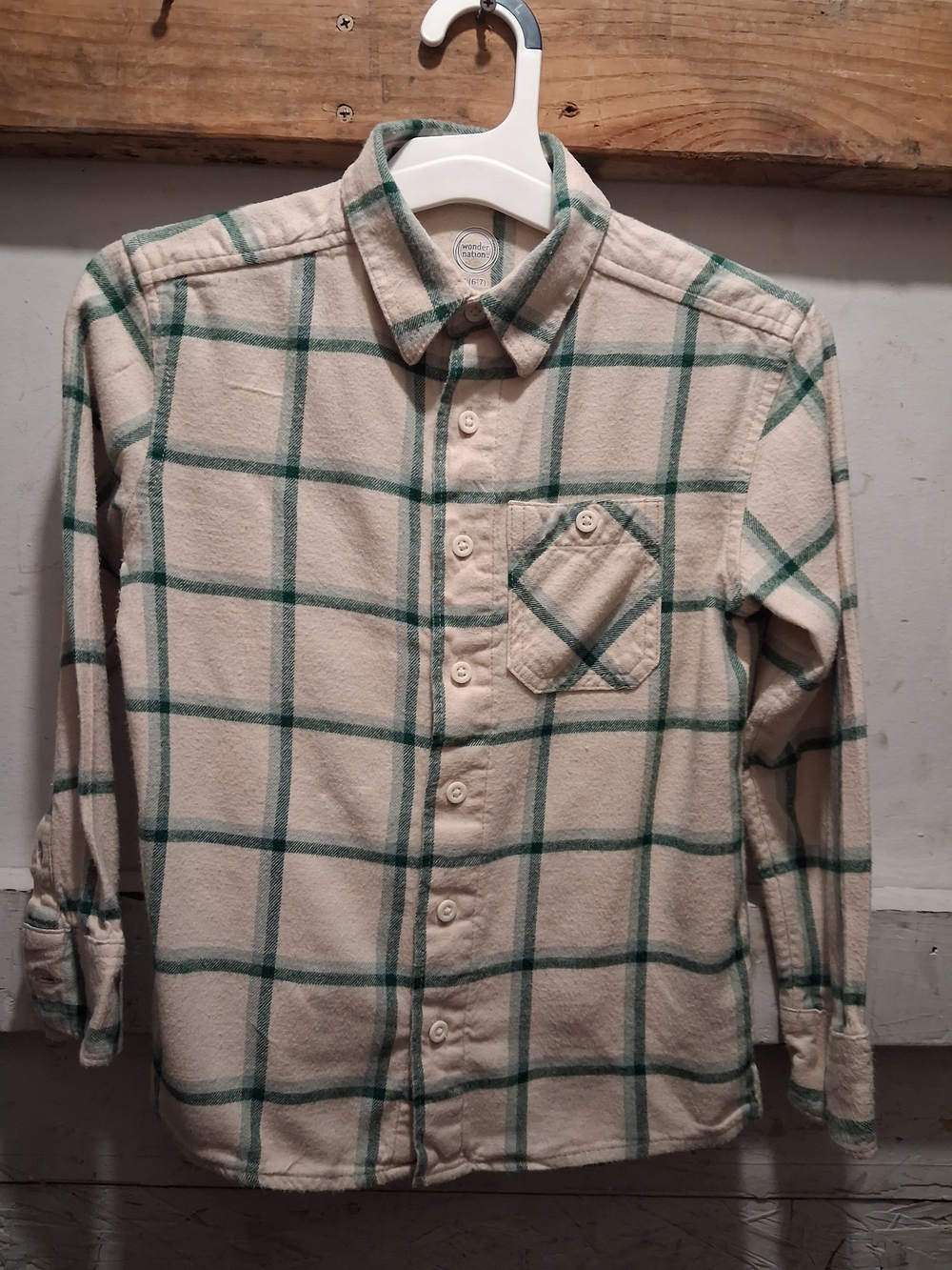 Wonder Nation Beige Shirt with Green Windowpane Plaid Size 6-7